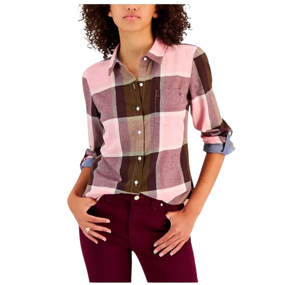 Tommy Hilfiger Nwt Women's Big City Plaid Cotton Roll-Tab Shirt Blouse Large